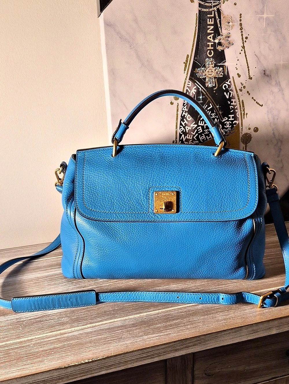 MCM Teal Blue Leathet Satchel Crossbody EUC